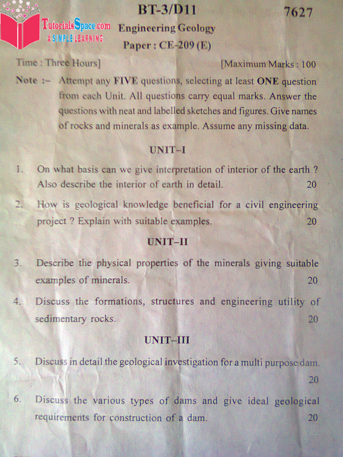 Download 2011 Engineering Geology Question Paper