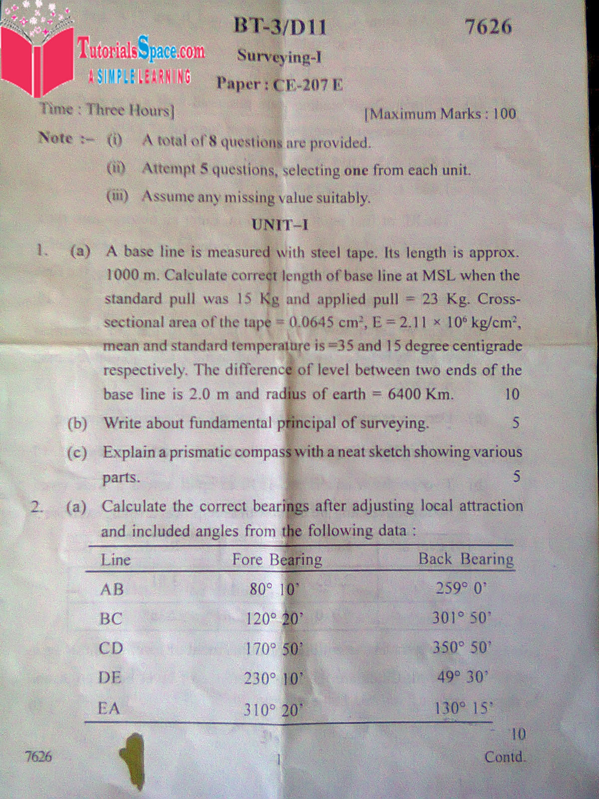 Download 2011 Surveying-1 Question Paper