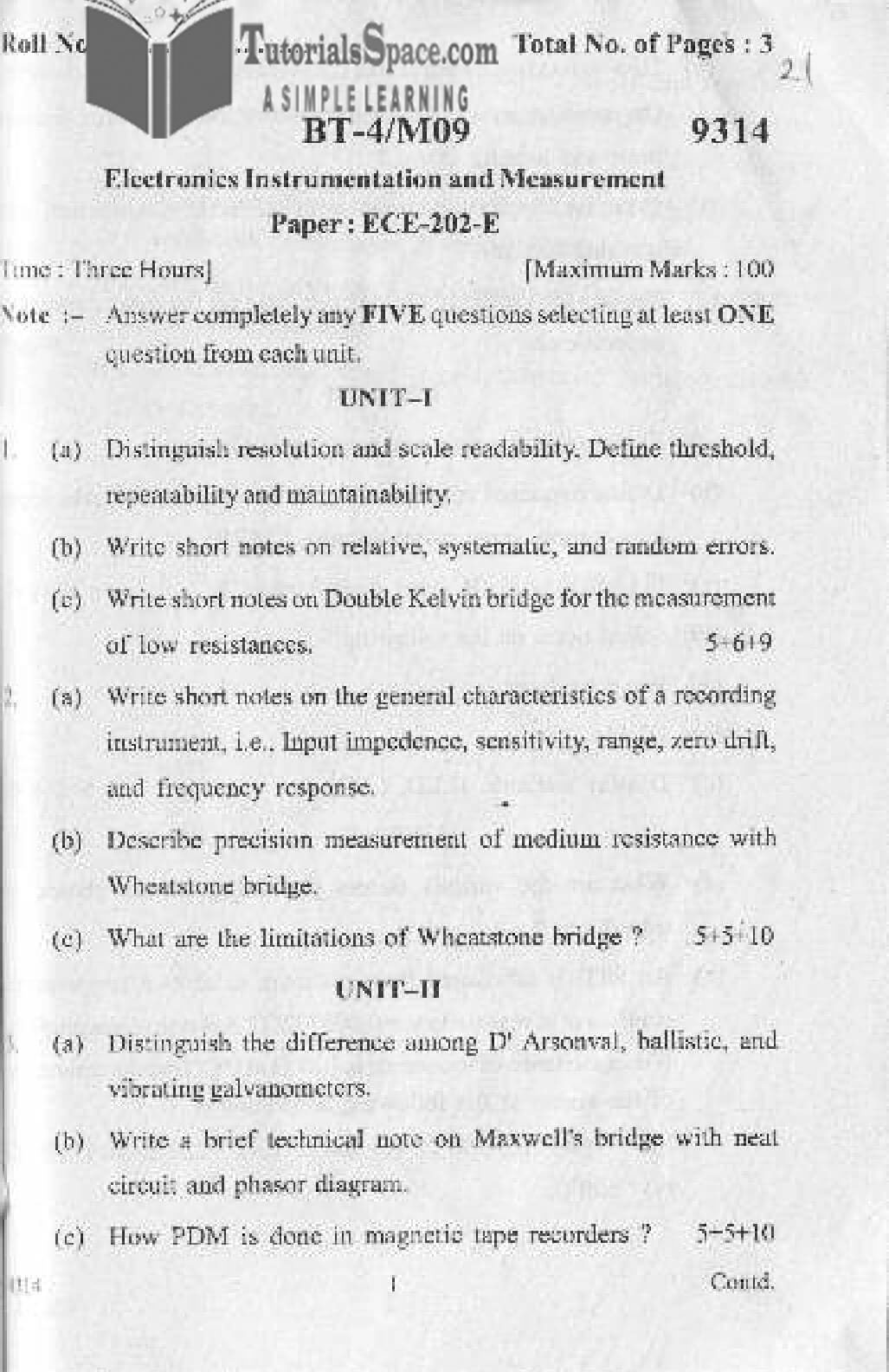 Electronics Instrumentation and Measurement Question Paper