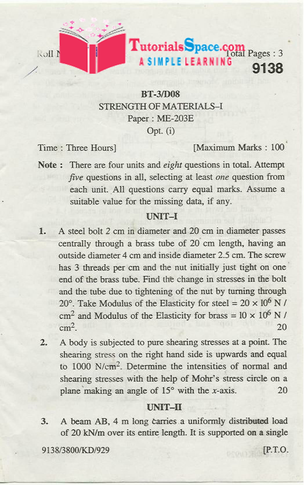 Strength of Material Question Paper